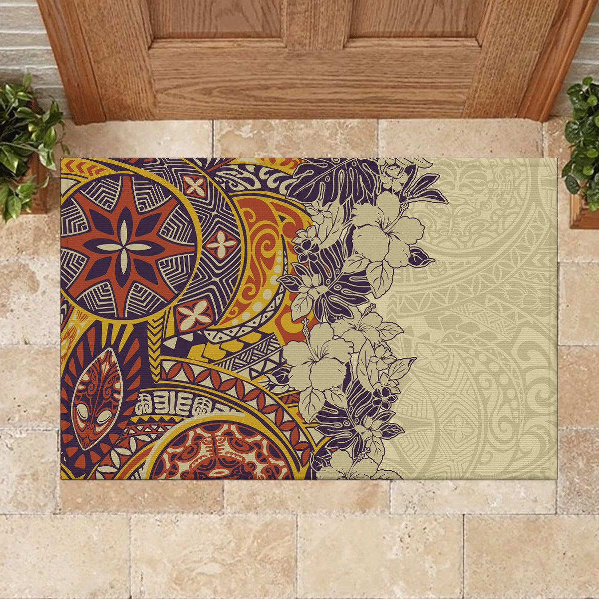 Polynesia Rubber Doormat Hibiscus and Hawaiian Tribal Tattoo Retro Style Tan Color - Wonder Print Shop