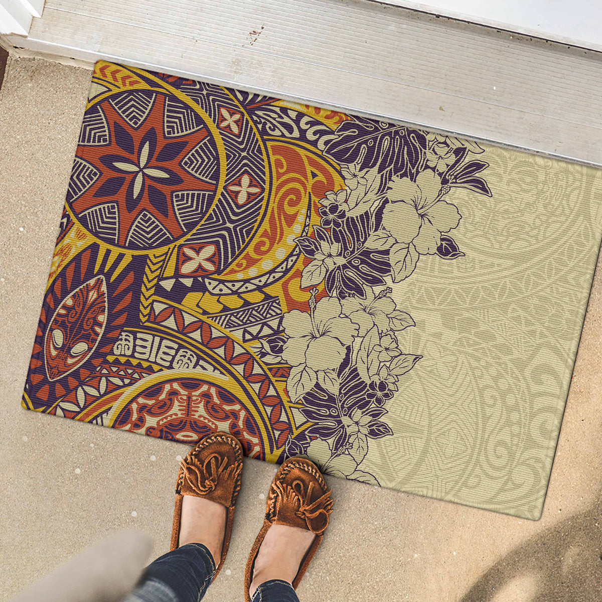 Polynesia Rubber Doormat Hibiscus and Hawaiian Tribal Tattoo Retro Style Tan Color - Wonder Print Shop