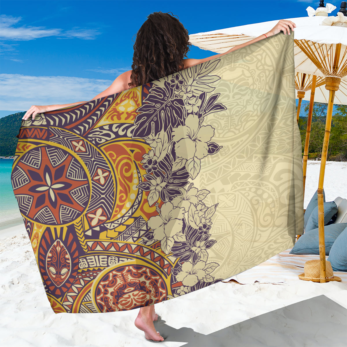 Polynesia Sarong Hibiscus and Hawaiian Tribal Tattoo Retro Style Tan Color - Wonder Print Shop
