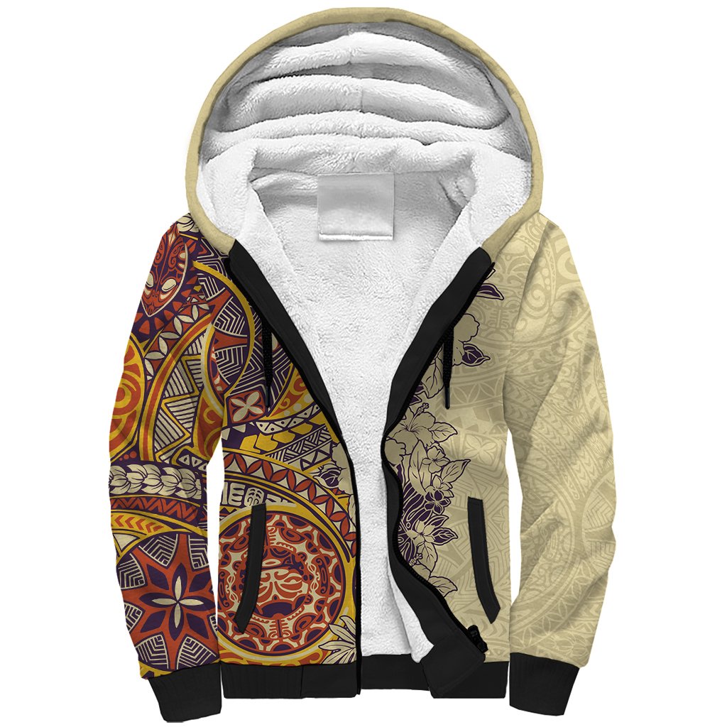Polynesia Sherpa Hoodie Hibiscus and Hawaiian Tribal Tattoo Retro Style Tan Color - Wonder Print Shop