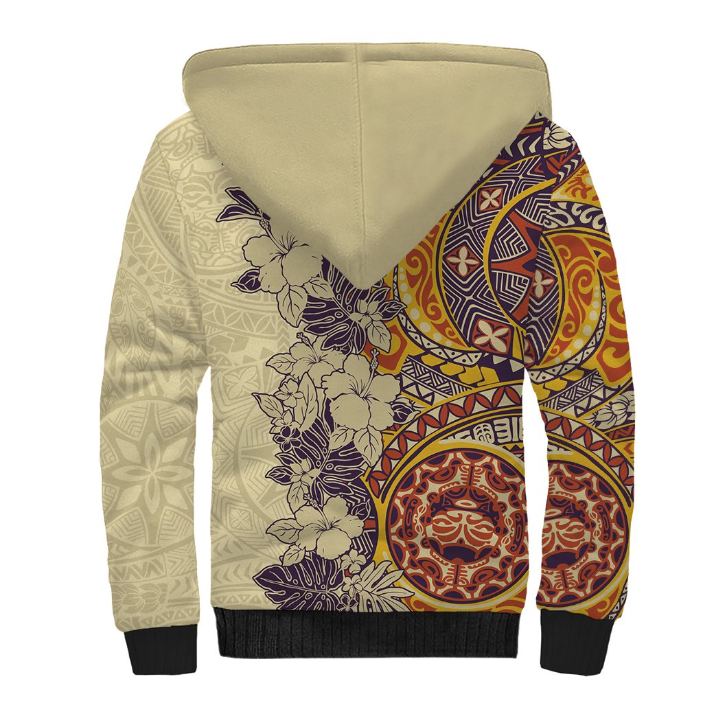 Polynesia Sherpa Hoodie Hibiscus and Hawaiian Tribal Tattoo Retro Style Tan Color - Wonder Print Shop