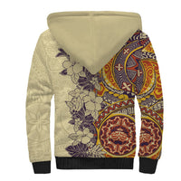Polynesia Sherpa Hoodie Hibiscus and Hawaiian Tribal Tattoo Retro Style Tan Color - Wonder Print Shop