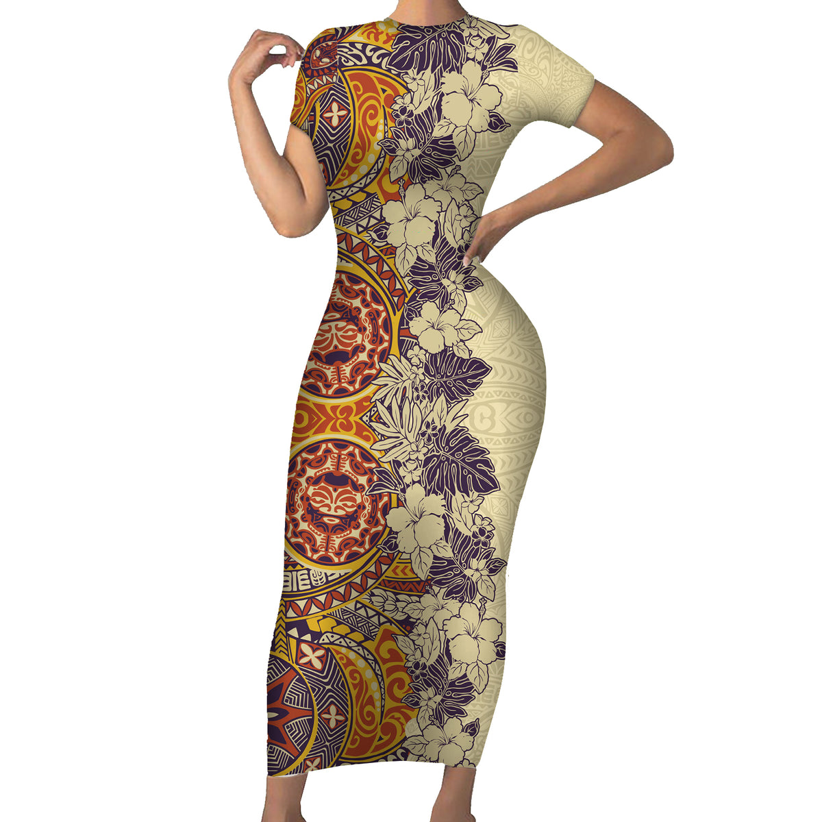 Polynesia Short Sleeve Bodycon Dress Hibiscus and Hawaiian Tribal Tattoo Retro Style Tan Color - Wonder Print Shop