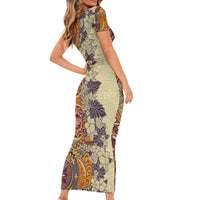 Polynesia Short Sleeve Bodycon Dress Hibiscus and Hawaiian Tribal Tattoo Retro Style Tan Color - Wonder Print Shop
