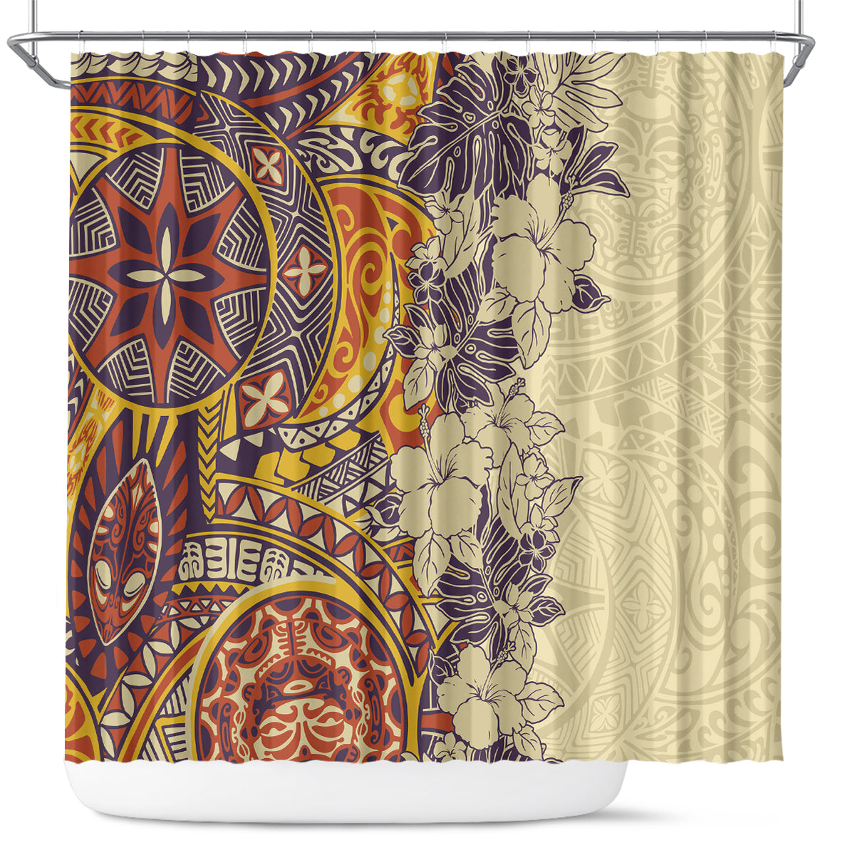 polynesia-shower-curtain-hibiscus-and-hawaiian-tribal-tattoo-retro-style-tan-color