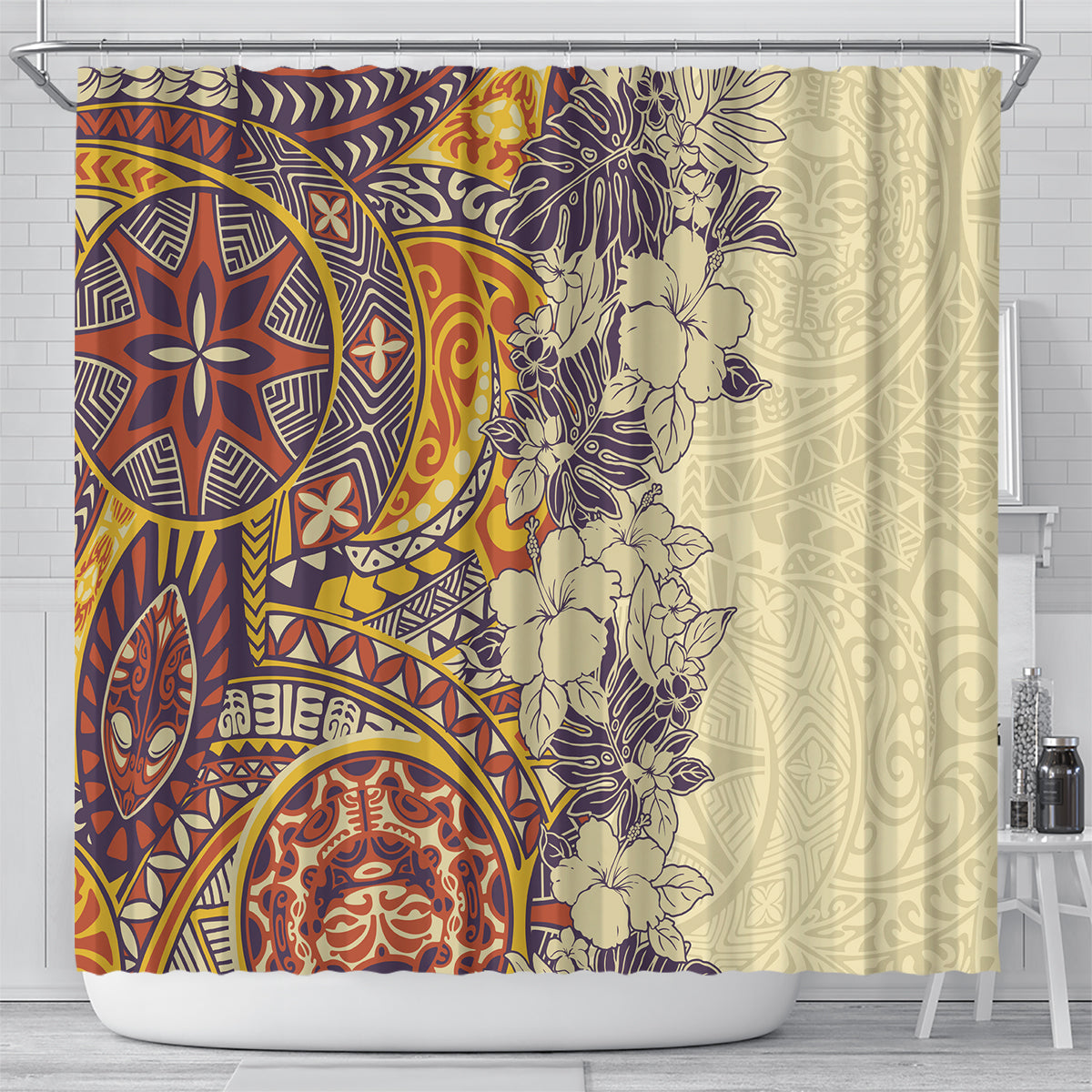 polynesia-shower-curtain-hibiscus-and-hawaiian-tribal-tattoo-retro-style-tan-color