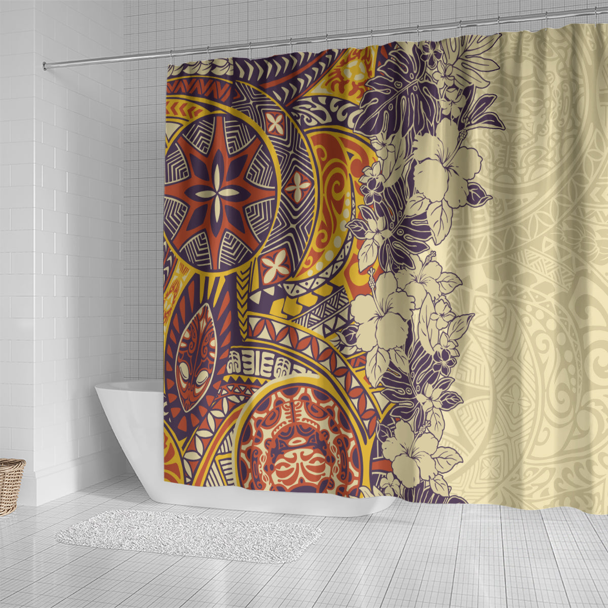 polynesia-shower-curtain-hibiscus-and-hawaiian-tribal-tattoo-retro-style-tan-color