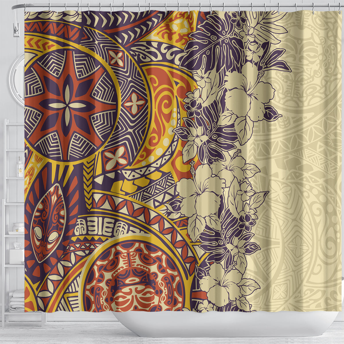 polynesia-shower-curtain-hibiscus-and-hawaiian-tribal-tattoo-retro-style-tan-color