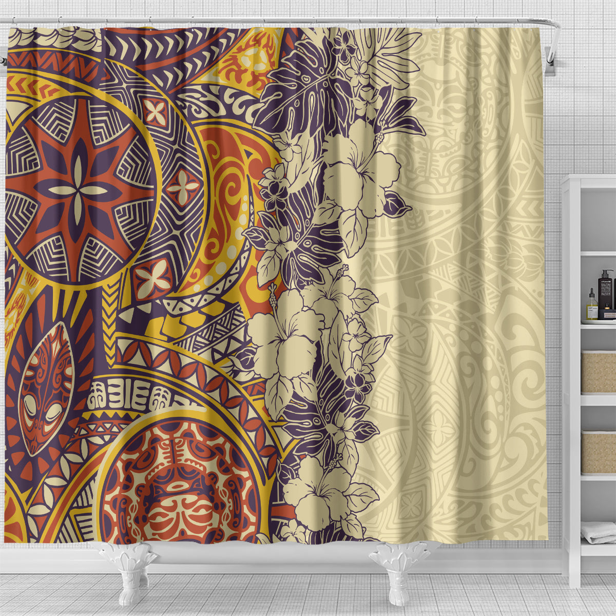 polynesia-shower-curtain-hibiscus-and-hawaiian-tribal-tattoo-retro-style-tan-color
