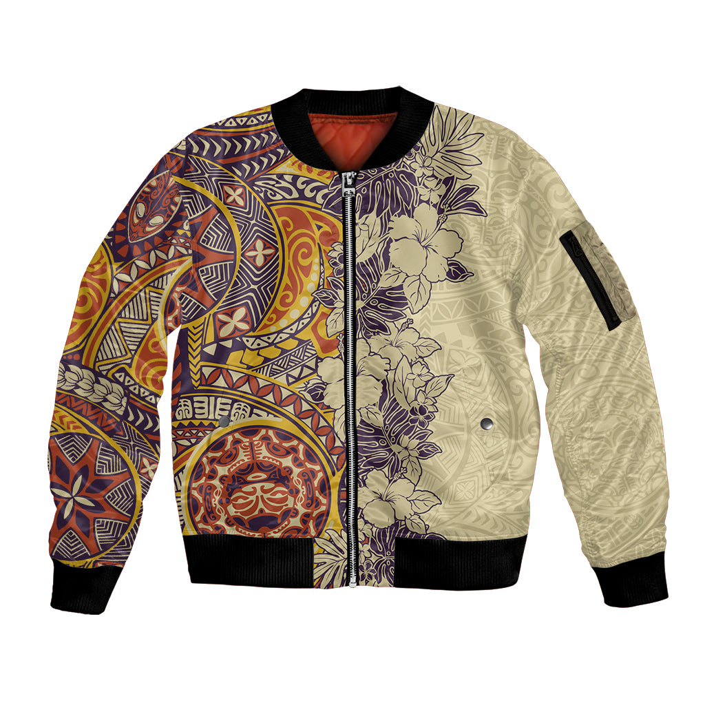 Polynesia Sleeve Zip Bomber Jacket Hibiscus and Hawaiian Tribal Tattoo Retro Style Tan Color - Wonder Print Shop