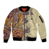 Polynesia Sleeve Zip Bomber Jacket Hibiscus and Hawaiian Tribal Tattoo Retro Style Tan Color - Wonder Print Shop