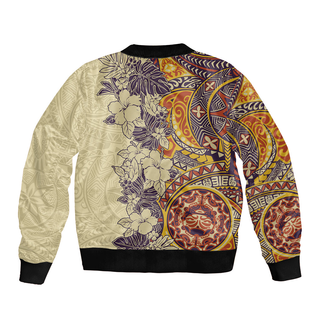 Polynesia Sleeve Zip Bomber Jacket Hibiscus and Hawaiian Tribal Tattoo Retro Style Tan Color - Wonder Print Shop