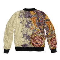 Polynesia Sleeve Zip Bomber Jacket Hibiscus and Hawaiian Tribal Tattoo Retro Style Tan Color - Wonder Print Shop