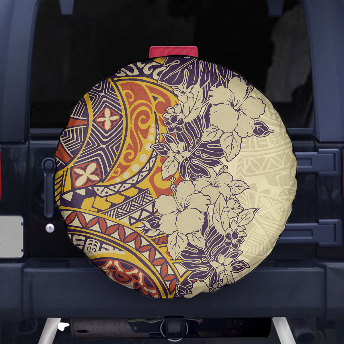 Polynesia Spare Tire Cover Hibiscus and Hawaiian Tribal Tattoo Retro Style Tan Color - Wonder Print Shop