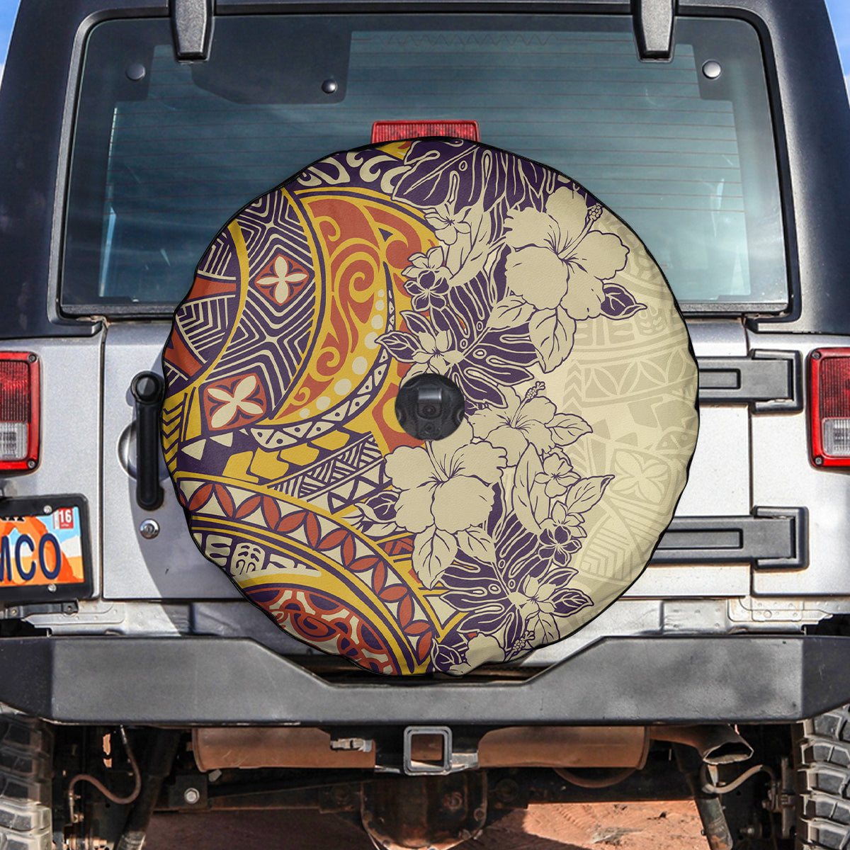 Polynesia Spare Tire Cover Hibiscus and Hawaiian Tribal Tattoo Retro Style Tan Color - Wonder Print Shop