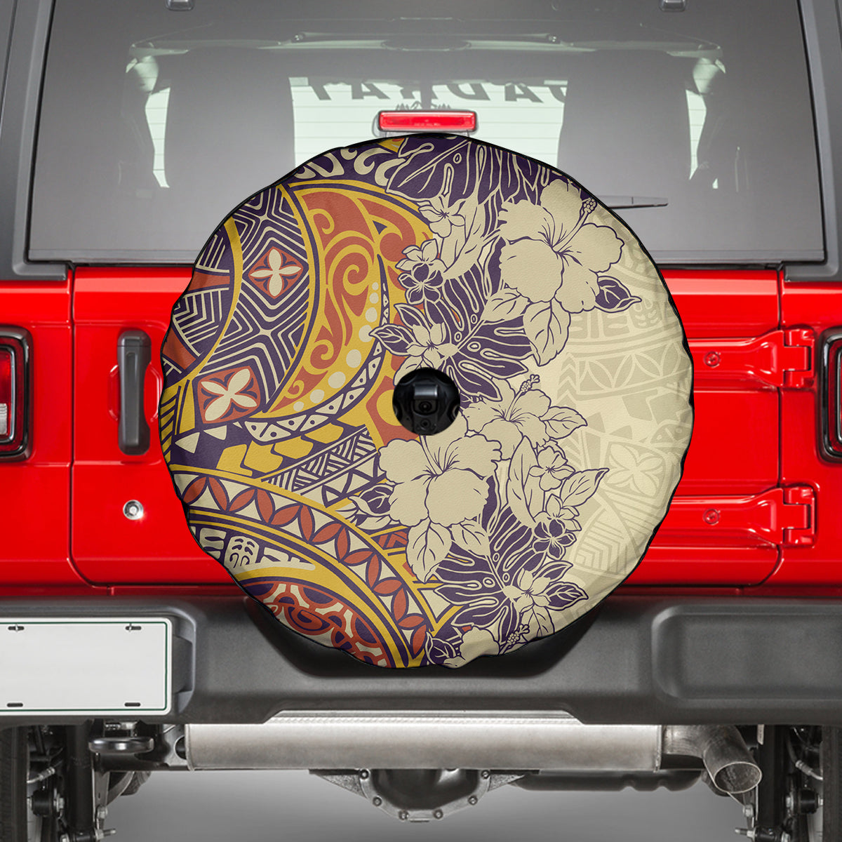 Polynesia Spare Tire Cover Hibiscus and Hawaiian Tribal Tattoo Retro Style Tan Color - Wonder Print Shop