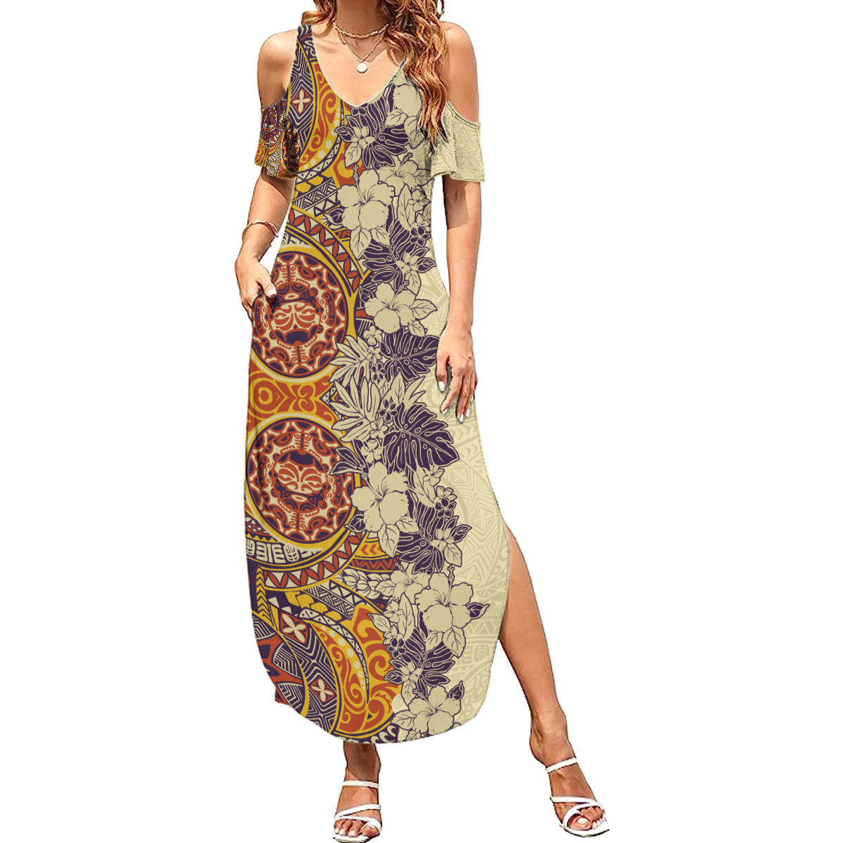 Polynesia Summer Maxi Dress Hibiscus and Hawaiian Tribal Tattoo Retro Style Tan Color - Wonder Print Shop