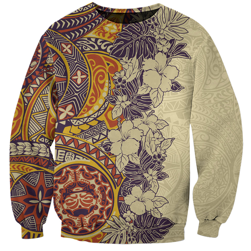 Polynesia Sweatshirt Hibiscus and Hawaiian Tribal Tattoo Retro Style Tan Color - Wonder Print Shop