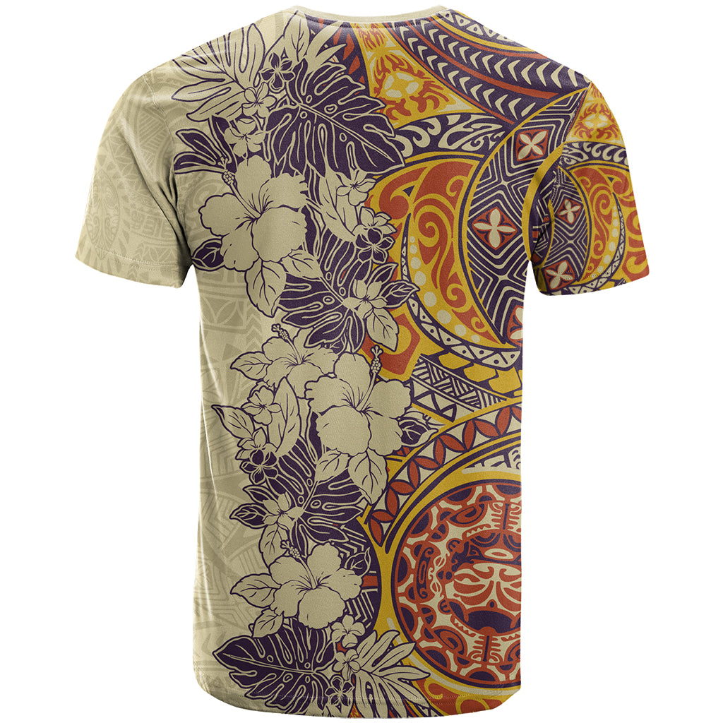 Polynesia T Shirt Hibiscus and Hawaiian Tribal Tattoo Retro Style Tan Color - Wonder Print Shop
