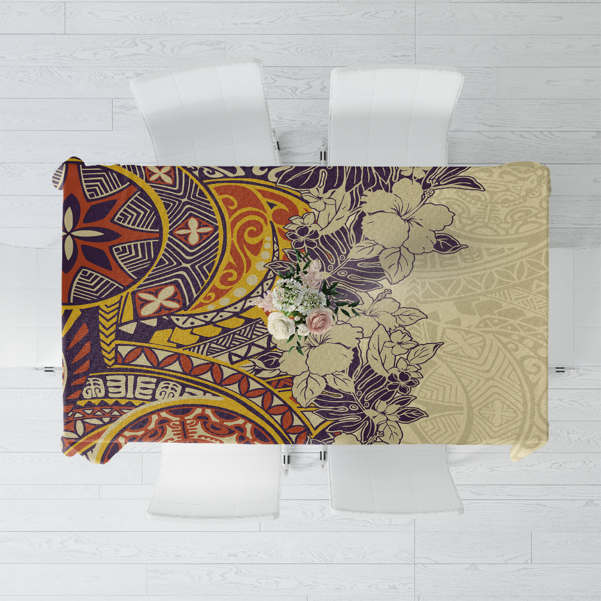 Polynesia Tablecloth Hibiscus and Hawaiian Tribal Tattoo Retro Style Tan Color - Wonder Print Shop