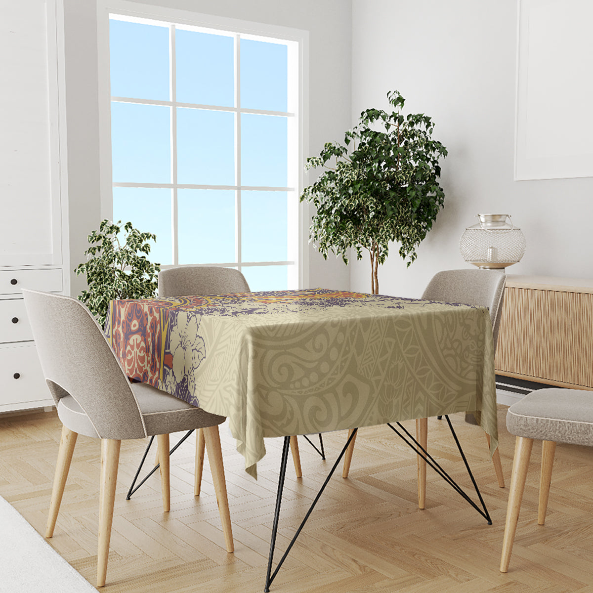 Polynesia Tablecloth Hibiscus and Hawaiian Tribal Tattoo Retro Style Tan Color - Wonder Print Shop