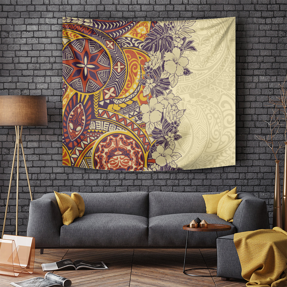 Polynesia Tapestry Hibiscus and Hawaiian Tribal Tattoo Retro Style Tan Color - Wonder Print Shop