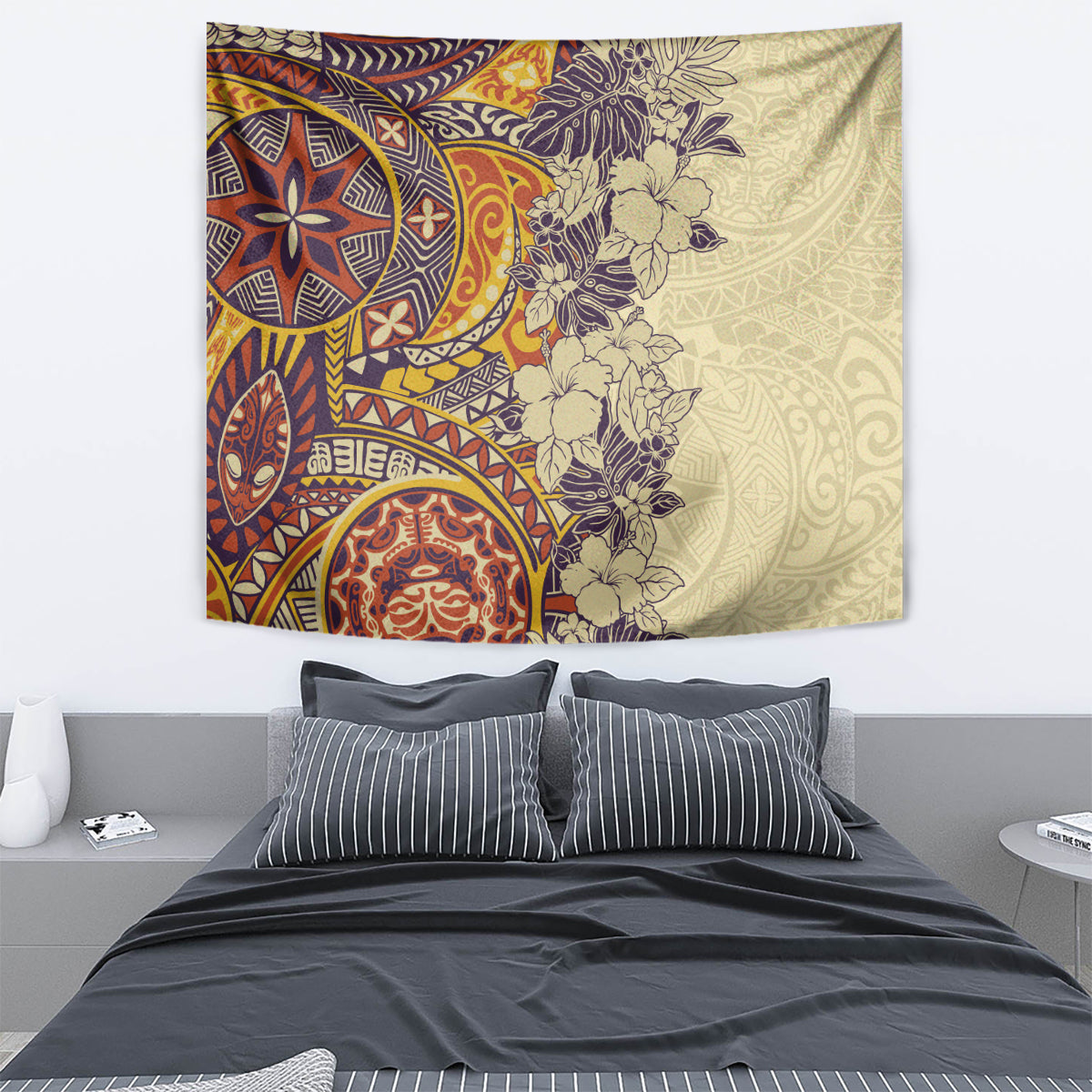 Polynesia Tapestry Hibiscus and Hawaiian Tribal Tattoo Retro Style Tan Color - Wonder Print Shop
