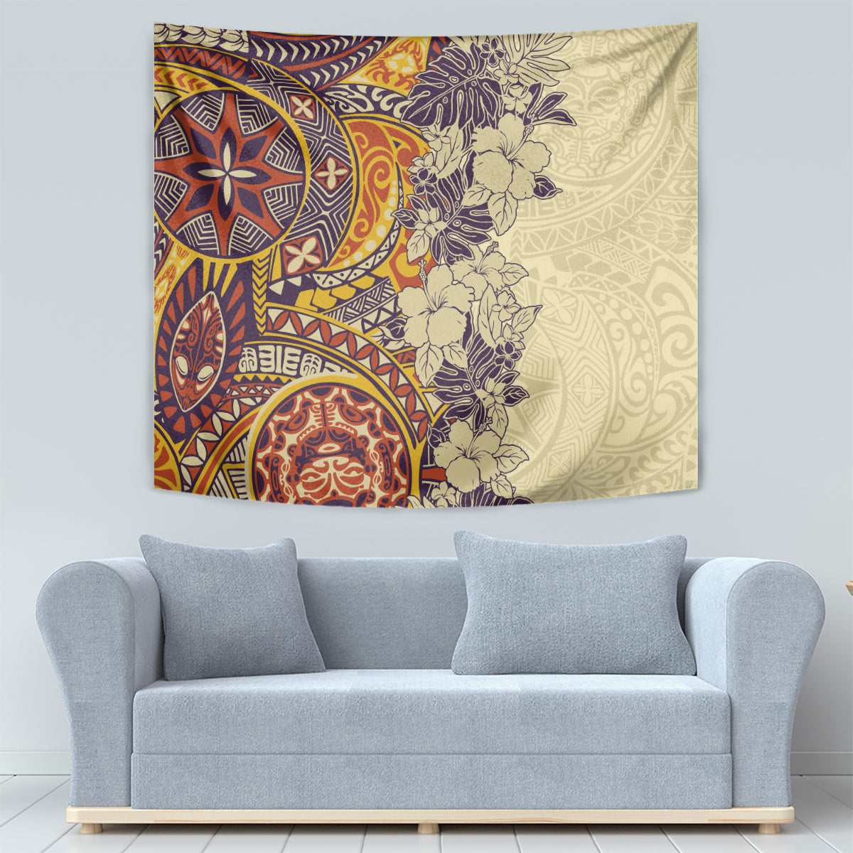 Polynesia Tapestry Hibiscus and Hawaiian Tribal Tattoo Retro Style Tan Color - Wonder Print Shop