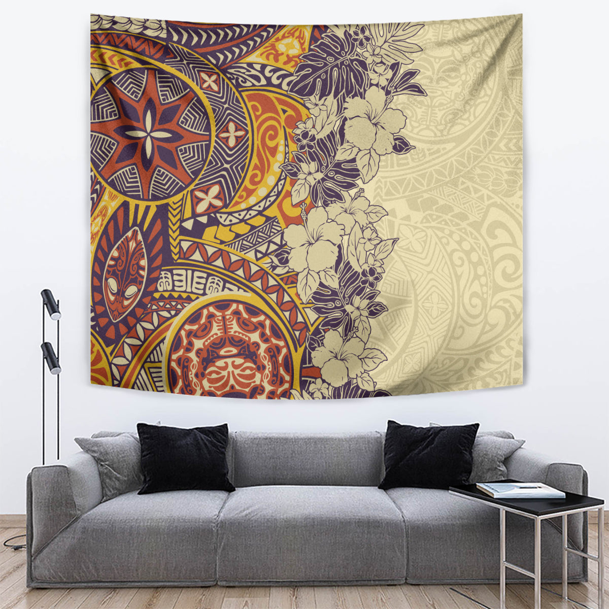 Polynesia Tapestry Hibiscus and Hawaiian Tribal Tattoo Retro Style Tan Color - Wonder Print Shop