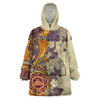 Polynesia Wearable Blanket Hoodie Hibiscus and Hawaiian Tribal Tattoo Retro Style Tan Color - Wonder Print Shop