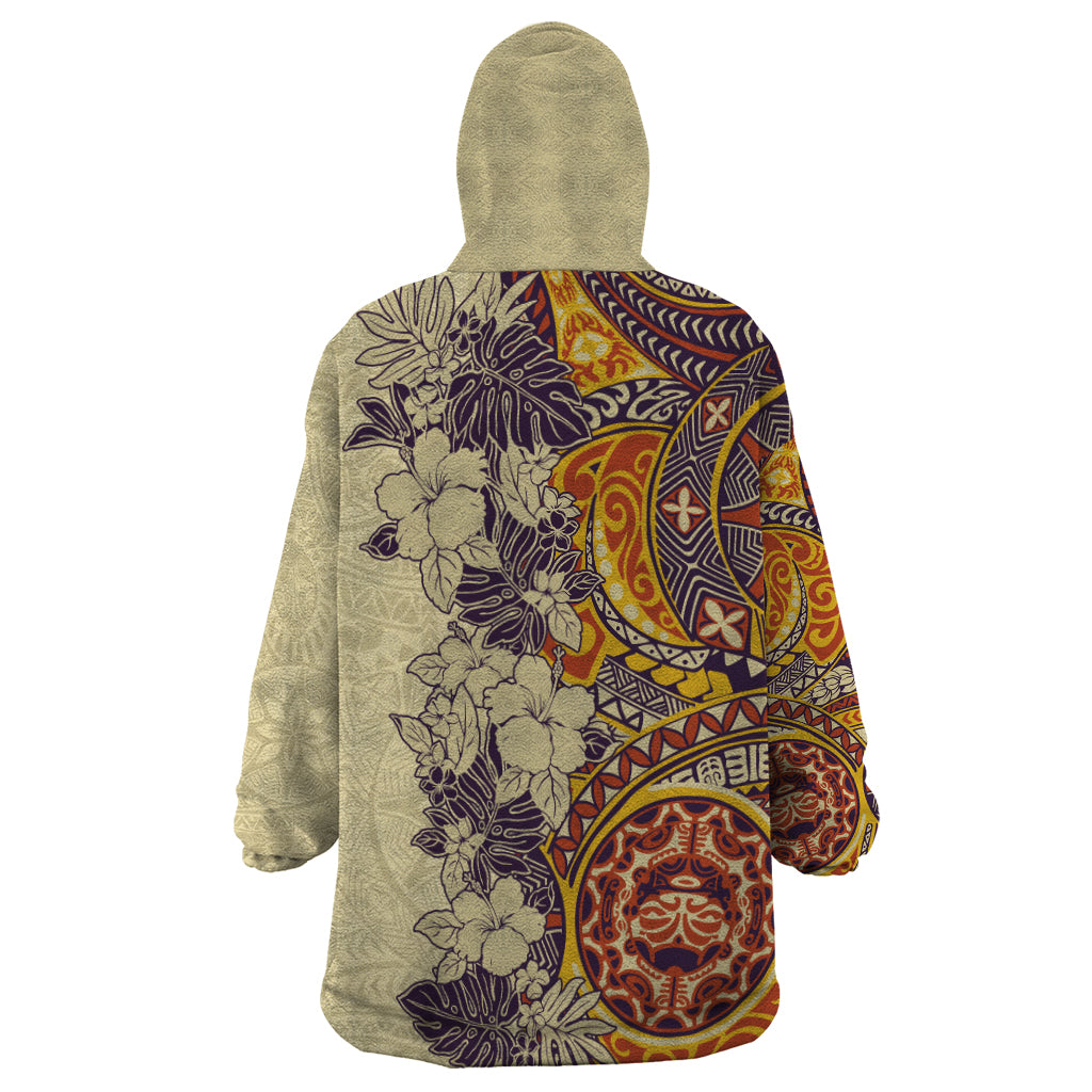 Polynesia Wearable Blanket Hoodie Hibiscus and Hawaiian Tribal Tattoo Retro Style Tan Color - Wonder Print Shop