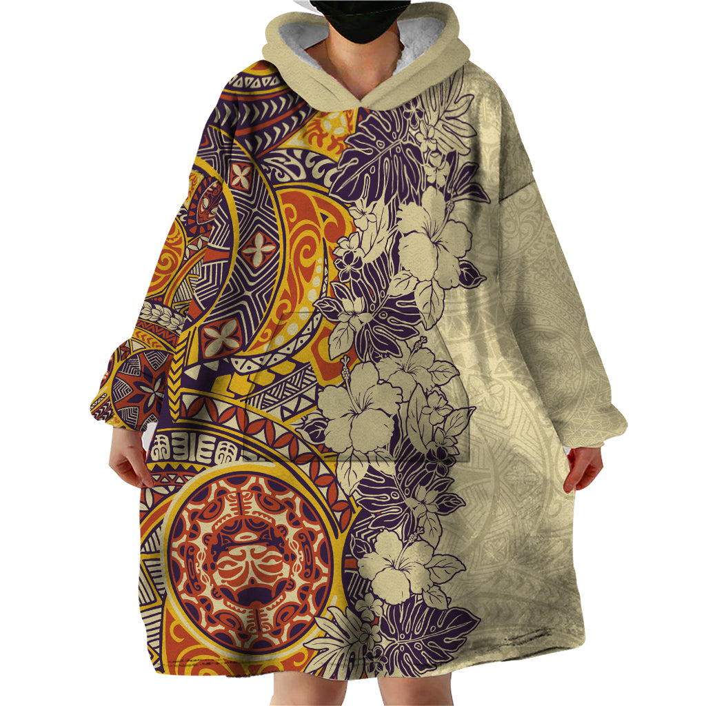 Polynesia Wearable Blanket Hoodie Hibiscus and Hawaiian Tribal Tattoo Retro Style Tan Color - Wonder Print Shop