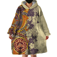 Polynesia Wearable Blanket Hoodie Hibiscus and Hawaiian Tribal Tattoo Retro Style Tan Color - Wonder Print Shop