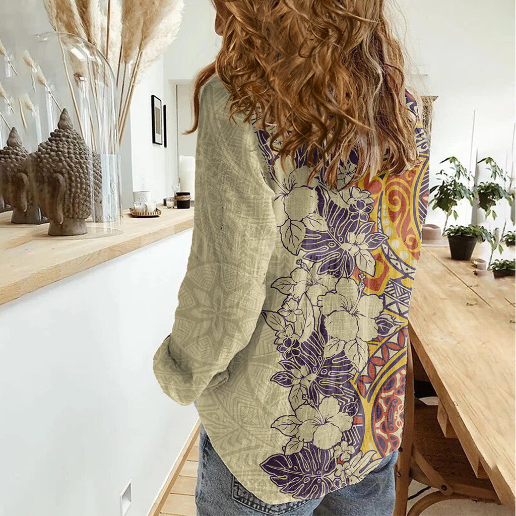 Polynesia Women Casual Shirt Hibiscus and Hawaiian Tribal Tattoo Retro Style Tan Color - Wonder Print Shop