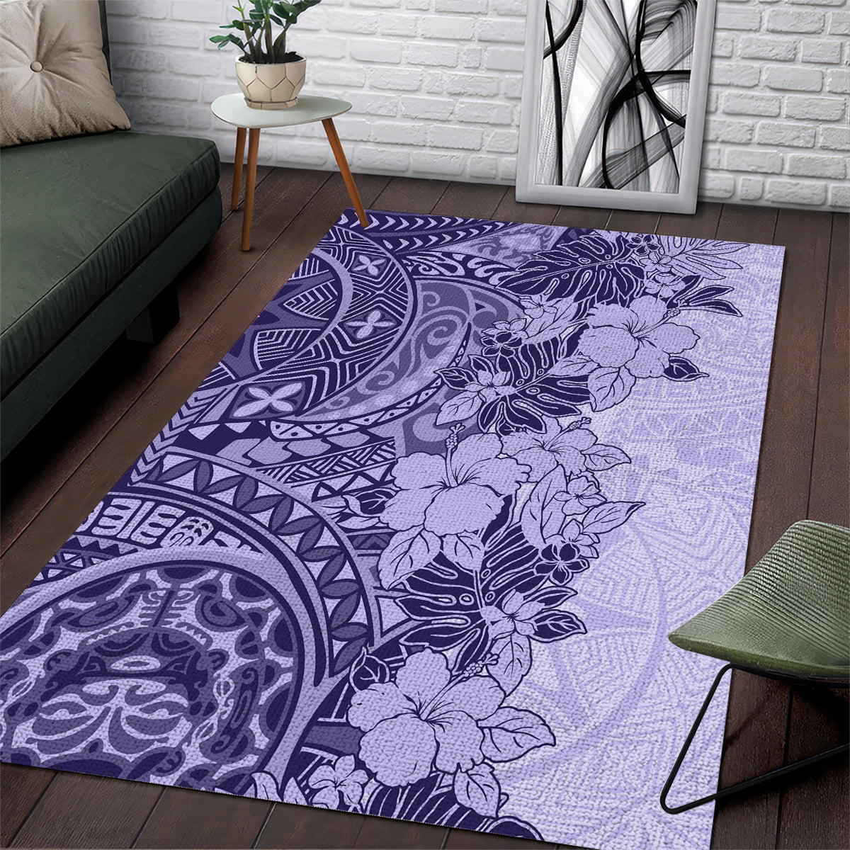 Polynesia Area Rug Hibiscus and Hawaiian Tribal Tattoo Retro Style Violet Color LT9 - Wonder Print Shop