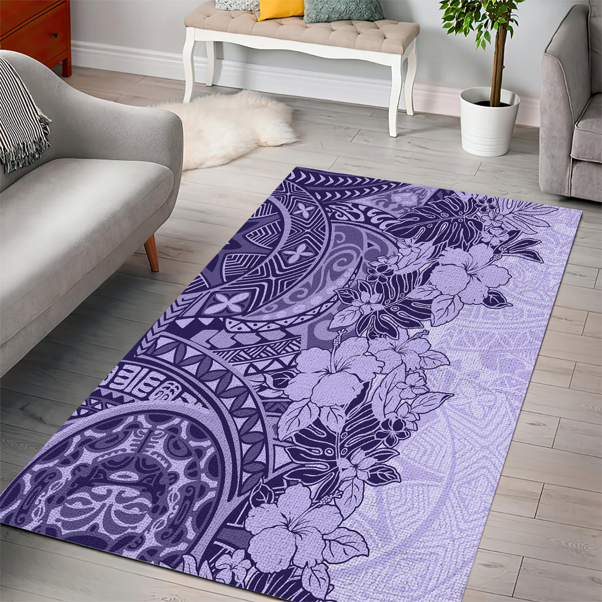 Polynesia Area Rug Hibiscus and Hawaiian Tribal Tattoo Retro Style Violet Color LT9 - Wonder Print Shop