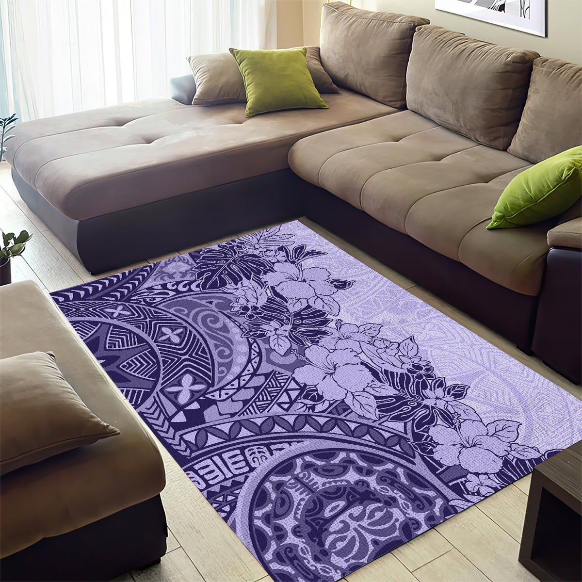 Polynesia Area Rug Hibiscus and Hawaiian Tribal Tattoo Retro Style Violet Color LT9 - Wonder Print Shop