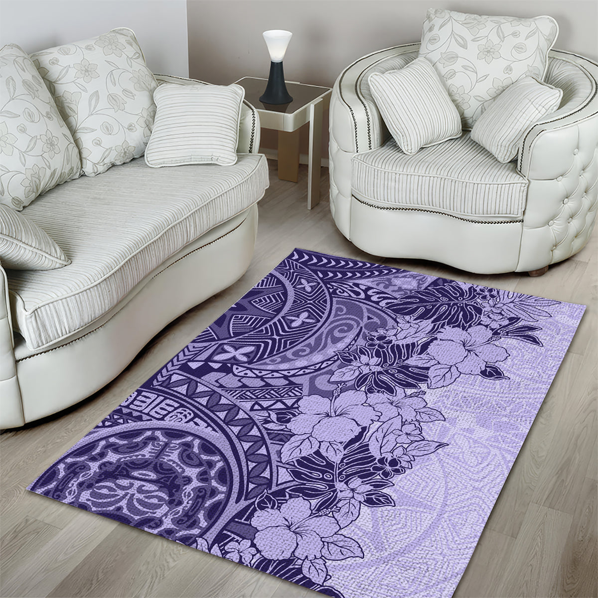 Polynesia Area Rug Hibiscus and Hawaiian Tribal Tattoo Retro Style Violet Color LT9 - Wonder Print Shop