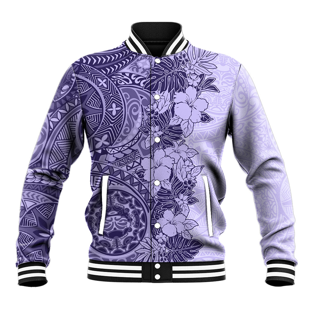 Polynesia Baseball Jacket Hibiscus and Hawaiian Tribal Tattoo Retro Style Violet Color LT9 - Wonder Print Shop