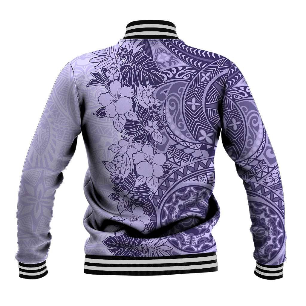 Polynesia Baseball Jacket Hibiscus and Hawaiian Tribal Tattoo Retro Style Violet Color LT9 - Wonder Print Shop