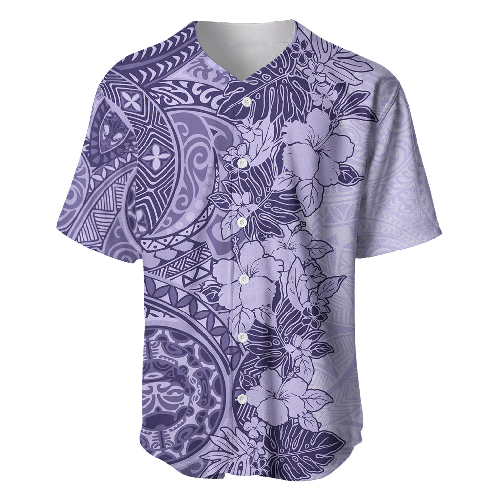 Polynesia Baseball Jersey Hibiscus and Hawaiian Tribal Tattoo Retro Style Violet Color LT9 - Wonder Print Shop