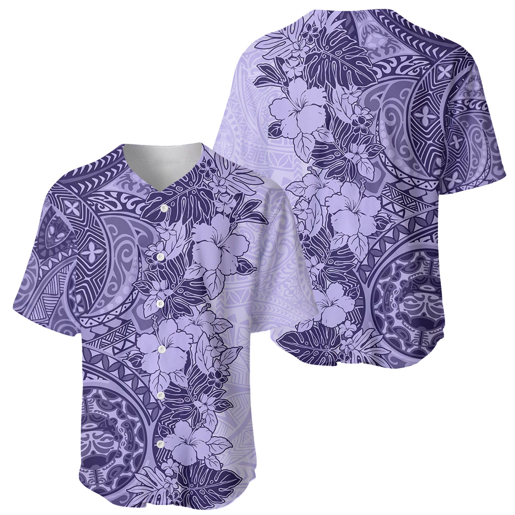 Polynesia Baseball Jersey Hibiscus and Hawaiian Tribal Tattoo Retro Style Violet Color LT9 - Wonder Print Shop