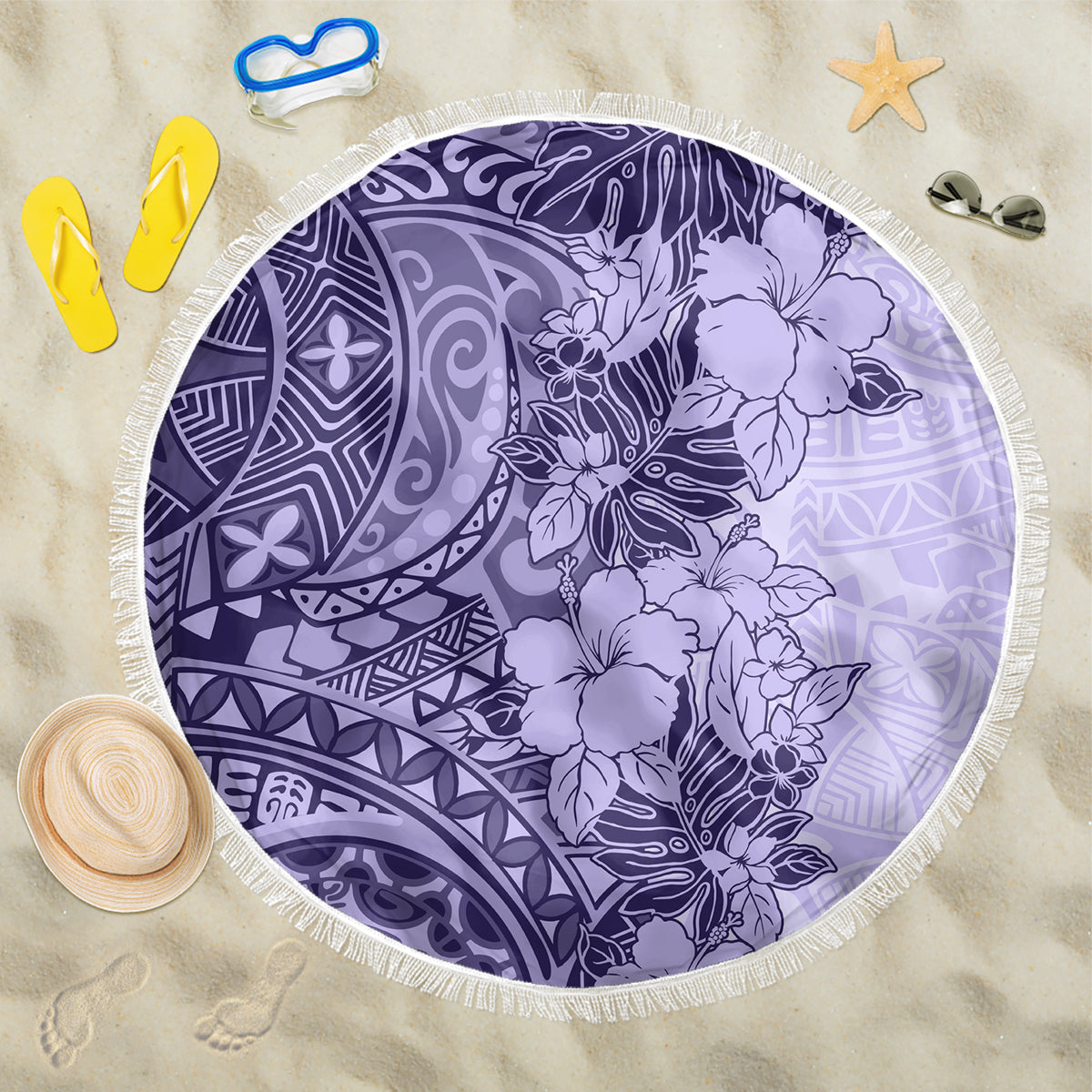 Polynesia Beach Blanket Hibiscus and Hawaiian Tribal Tattoo Retro Style Violet Color LT9 - Wonder Print Shop