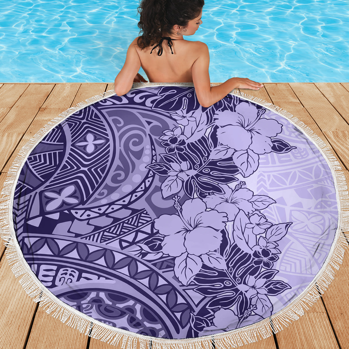 Polynesia Beach Blanket Hibiscus and Hawaiian Tribal Tattoo Retro Style Violet Color LT9 - Wonder Print Shop