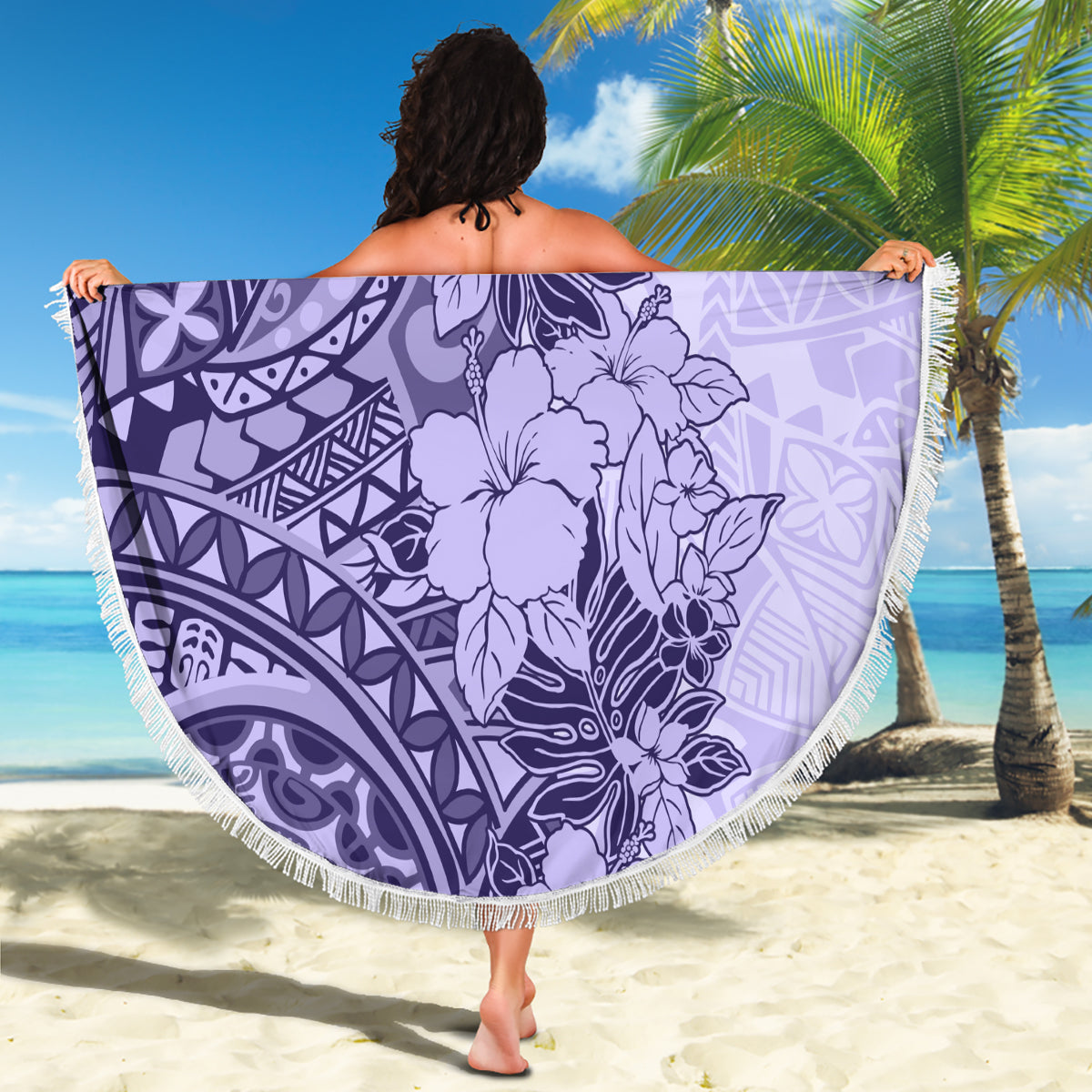 Polynesia Beach Blanket Hibiscus and Hawaiian Tribal Tattoo Retro Style Violet Color LT9 - Wonder Print Shop