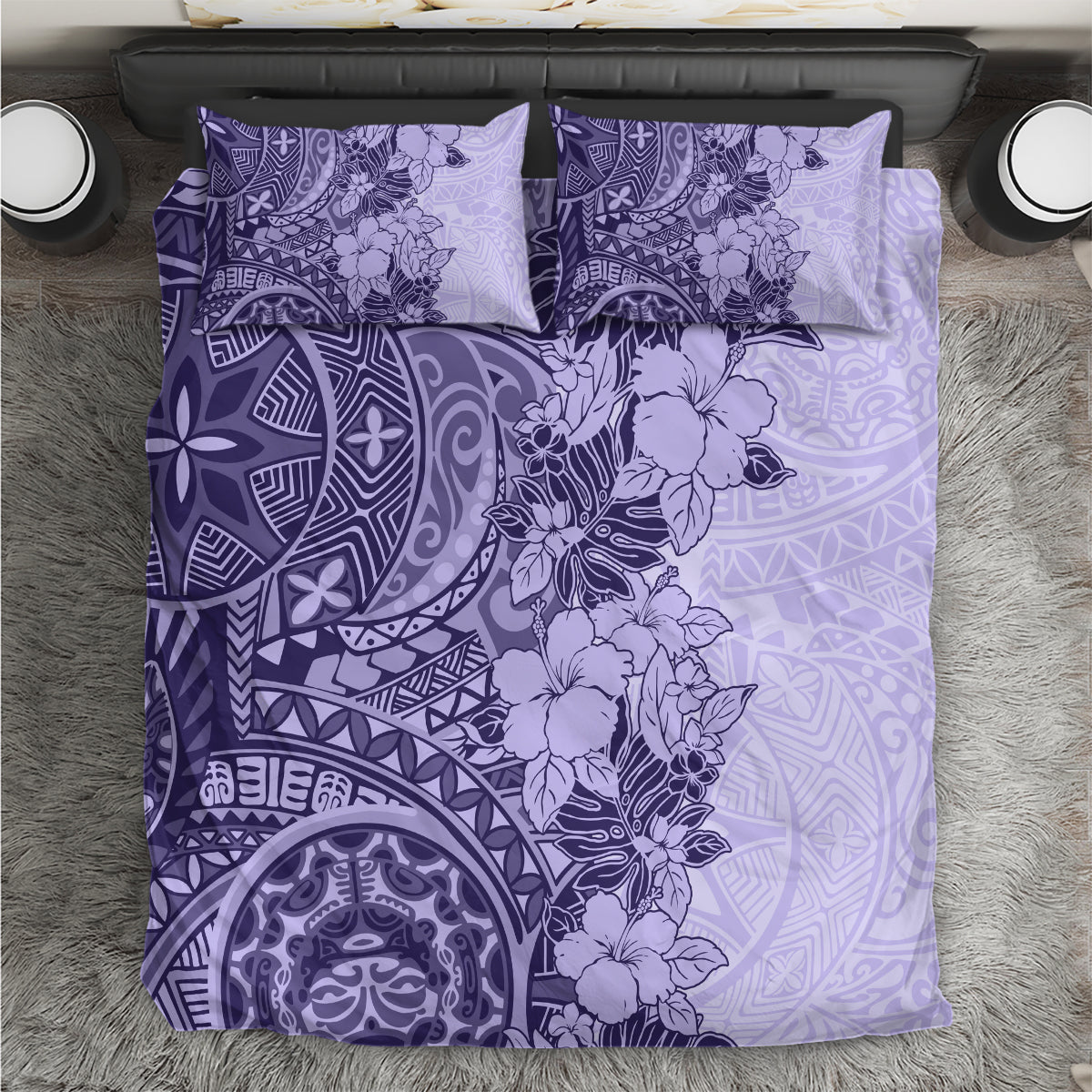 Polynesia Bedding Set Hibiscus and Hawaiian Tribal Tattoo Retro Style Violet Color LT9 - Wonder Print Shop