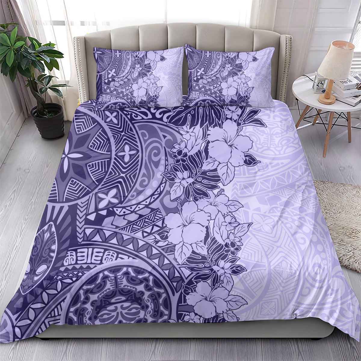 Polynesia Bedding Set Hibiscus and Hawaiian Tribal Tattoo Retro Style Violet Color LT9 - Wonder Print Shop