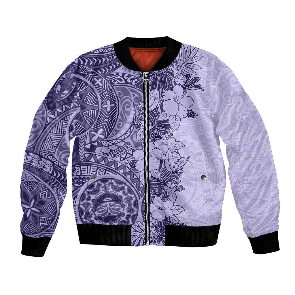 Polynesia Bomber Jacket Hibiscus and Hawaiian Tribal Tattoo Retro Style Violet Color LT9 - Wonder Print Shop