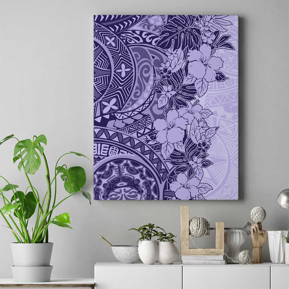Polynesia Canvas Wall Art Hibiscus and Hawaiian Tribal Tattoo Retro Style Violet Color LT9 - Wonder Print Shop