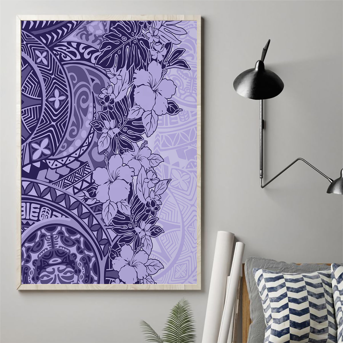 Polynesia Canvas Wall Art Hibiscus and Hawaiian Tribal Tattoo Retro Style Violet Color LT9 - Wonder Print Shop